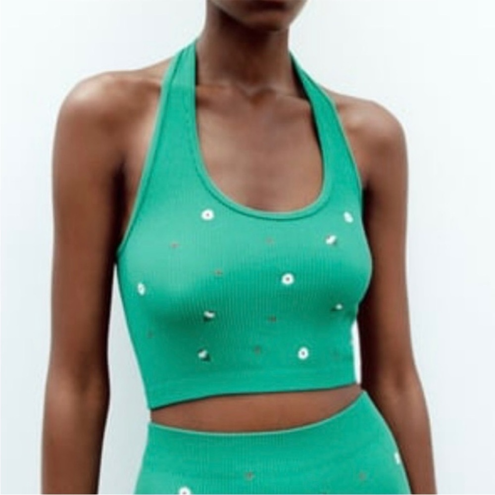 Zara Green Crop Top with Floral Accents